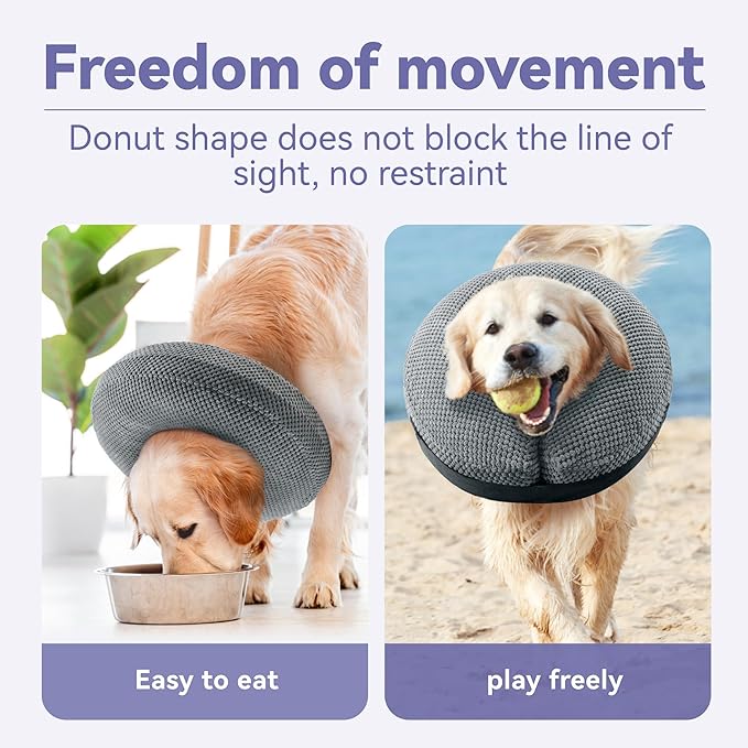 Soft Inflatable Dog Cone Alternative - Neck Donut E Collar for Large, Medium, Small Dogs & Cats - Post Surgery Recovery Collar to Stop Licking - Grey