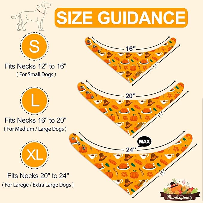 Thanksgiving Dog Bandanas with Snap Button, 2 Pack Adjustable Fall Bandanas for Small, Medium, and Large Dogs, Pumpkin Pet Scarf for Autumn Costume Accessory & Photo Shoot (Small)