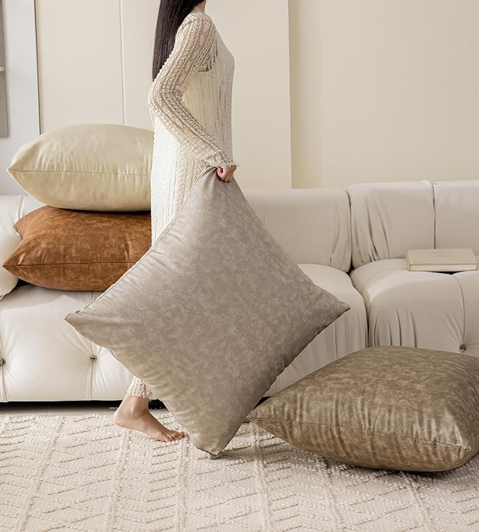 Pack of 4 Neutral Decorative Faux Leather Throw Pillow Covers 18x18 inch, Soft Modern Boho Luxury Waterproof Floor Cushion Cases, for Outdoor Lounge Sofa Couch Bed Home Decor