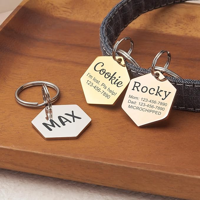 Anavia Personalized Pet ID Tags, Stainless Steel Glossy Laser Engraved Dog Cat Collar Name Tags, Multiple Colors Shapes Sizes (Hexagon, Regular)