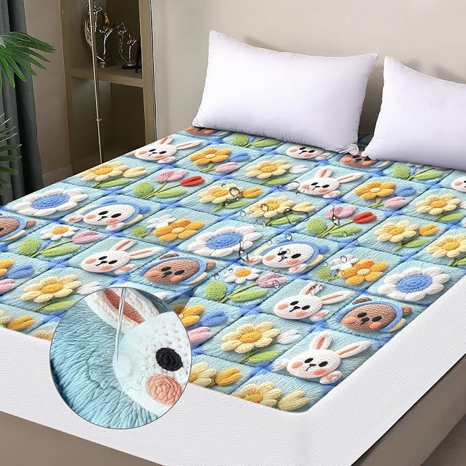 Waterproof Mattress Protector Queen, Fitted Sheet Style Breathable Mattress Cover with Deep Pocket Fits Up to 18'', Machine Washable Noiseless Bed Cover for Kids Adults Pets (Squares, 60'' X 80'')