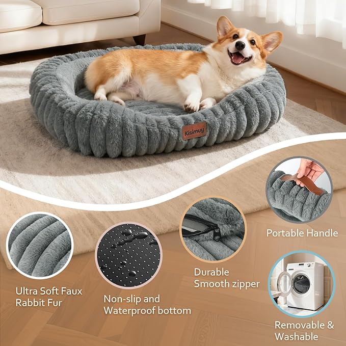 Cute Dog Bed for Small & Medium Dogs - Calming Orthopedic Rectangle Dog Bed with Reversible Cushion and Removable Cover, Washable Soft Pet Kennel Bed with Handle, 30x24x4Inches, Warm Grey