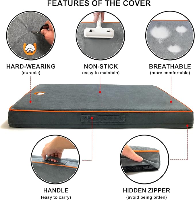 Hard-Wearing Orthopedic Dog Bed for Crate, 35x22 Inch, Made of Memory and HR Foam, Two-Sided Use, Providing Soft and Relatively Hard Support, with an Extra Inner Waterproof Protector (Gray)