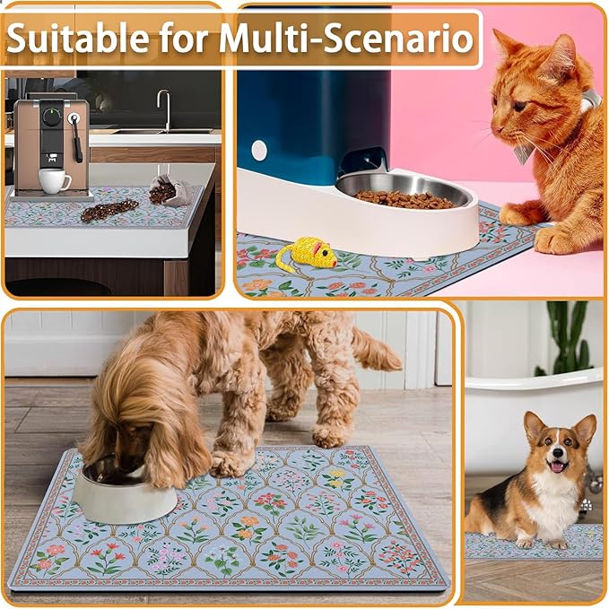 Absorbent Pet Dog Bowl Mat for Food and Water, Pet Cat Food Feeding Mat with Non Slip Rubber Backing, Dog Food Mats for Floors Waterproof, 16"x24"