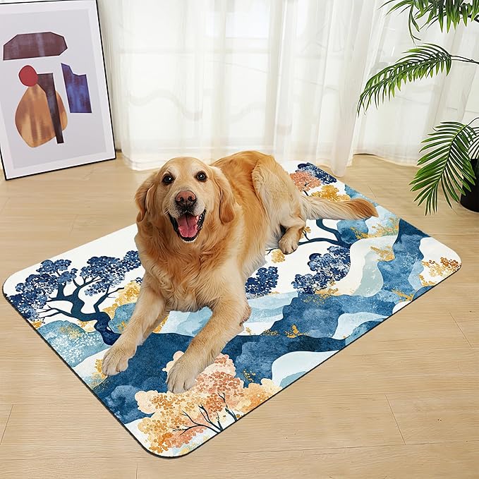 Japanese Wave Tree Dog Food Mat–Christmas Stocking Absorbent Quick Dry Feeding Placemat for Food and Water Bowls, Non Slip Rubber Backing, Waterproof Pet Supplies for Mess-Free Eating 12"x20"