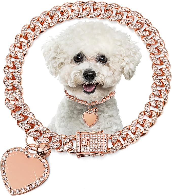 Hillban Dog Chain Gold-Plated Diamond Collar with Heart Rhinestones Jewelry Pet ID Tag Chain Bling Puppy Collar with Personalized Name Tag for Small Medium Large Dog Cat(Rose Gold,16 Inch)