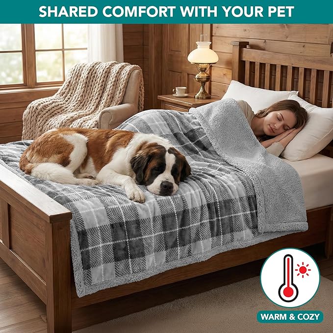 PetAmi Waterproof Dog Blanket for Medium Large Dog Puppy Cat Throw for Couch Cover Leakproof Protection, Sherpa Fleece, Reversible Soft Washable 60x40 Plaid Light Gray