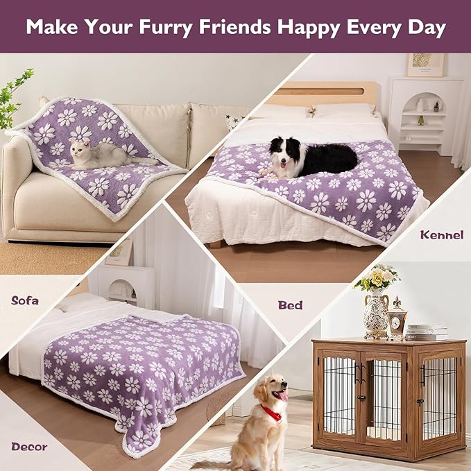 Waterproof Blanket for Dog Cat or Adult, Cute 3D Textured Flower Dog Blanket for Bed Couch Sofa, Soft Liquid Pee Proof Pet Furniture Protector, 60"x80", Purple