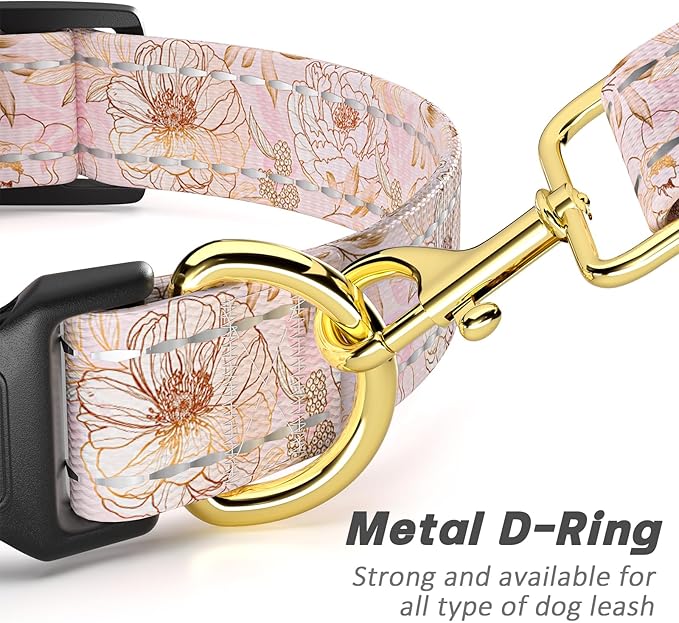 Reflective Dog Collar for Small Dogs, Cute Flower Theme Adjustable Heavy-Duty Nylon Puppy Collar for Boy and Girl Female, Soft Pet Accessories with Quick Release Buckle, Neck 10-16", Pink