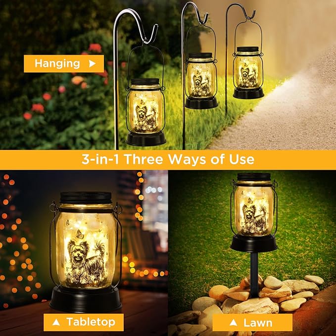 Yorkie Dog Gifts for Women/Men Yorkshire Terrier Solar Lanterns Mom Birthday Dog Lovers Lantern Pet loss Pet Memorial Lights Solar Garden Decoration for Yard, Patio,Backyard,Porch Torches Light