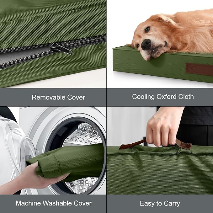 Outdoor Extra Large Dog Bed, Waterproof Dog Bed for Large Dogs, Egg Crate Foam XL Pet Bed with Removable Washable Oxford Cooling Cover, Amy Green
