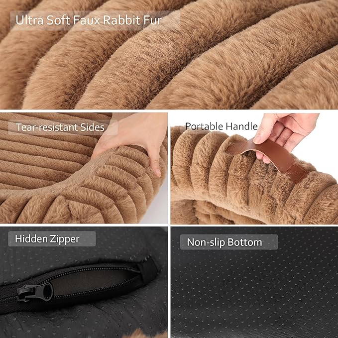 Cute Washable Dog Bed for Small Dogs -Soft Plush Calming Puppy & Cat Bed with Anti-Slip Bottom, Rectangle Anti-Anxiety Puppy Kennel Bed with Handle, 25" x 21" x 4", Brown