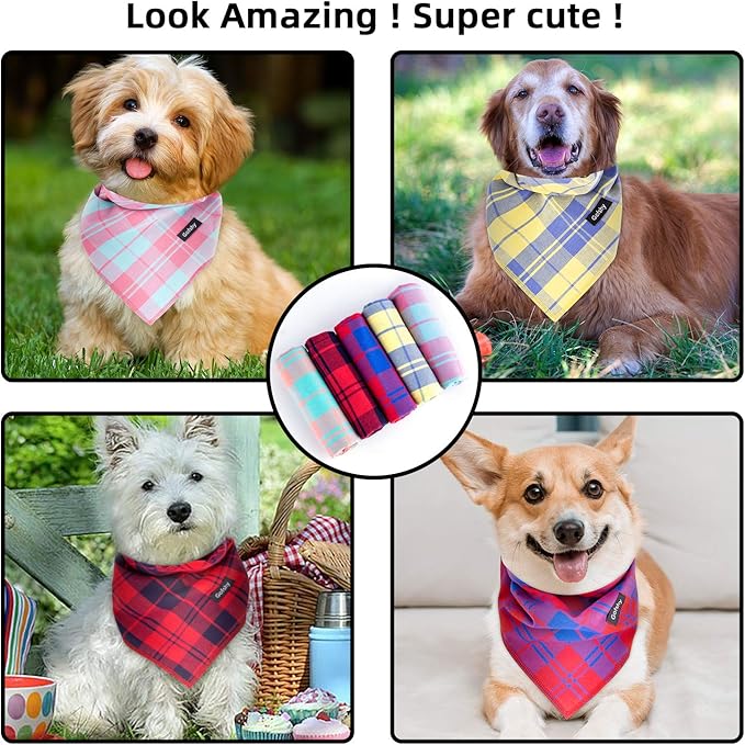 Dog Bandanas XLarge-5PCS Birthday Gift Puppy Bandana Vibrant Color Plaid Printing Adjustable Scarf Bib Handkerchief Accessories for Large Dog Pet