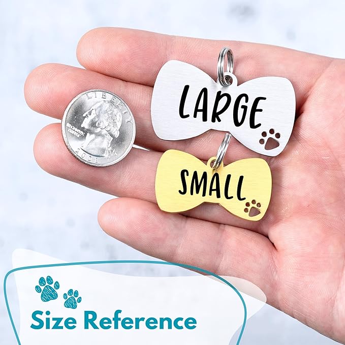 Ultra Joys Dog Tags Personalized for Pets - Hollow Paw Custom Pet ID Tag - Engraved Dog Tag for Small, Large Dogs - Large Bow Tie in Gold