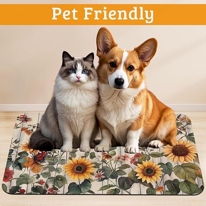 Pet Feeding Mat,Vintage Flower Absorbent Dog Cat Food Mat Rustic Wooden Dog Mat with Rubber Backing,Non-Slip Water Bowl Placemat,Pet Supplies 12" x 20"