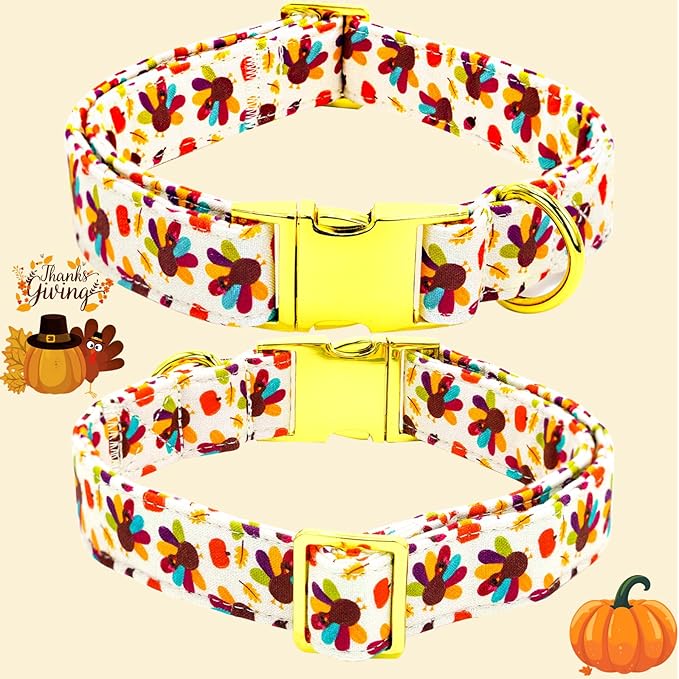 Thanksgiving Dog Collar, Turkey Dogs Collars Bow Tie Pet Collar Adjustable Pet Collars Premium Metal Buckle Autumn Leaf Necklace for Large Dogs
