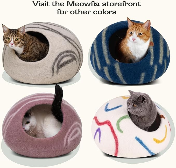 MEOWFIA Cat Cave – Premium Felt Cat Bed for Indoor Cats, Handmade 100% Merino Wool (Light Grey, Medium) (Pack of 2)