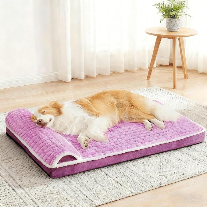 Orthopedic XL Dog Bed Large Sized Dog with Pillow 42''X28'', Waterproof Soft Comfortable Egg Crate Foam Pet Crate Beds Mat with Removable Washable Cover and Non-Slip Bottom, Lilac