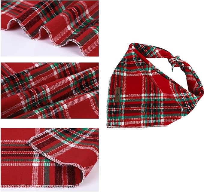 Lionet Paws Christmas Dog Bandana Washable Cotton Handkerchief Scarf Triangle Red Plaid Dog Bandanas for Small Medium Dogs Girl Boy