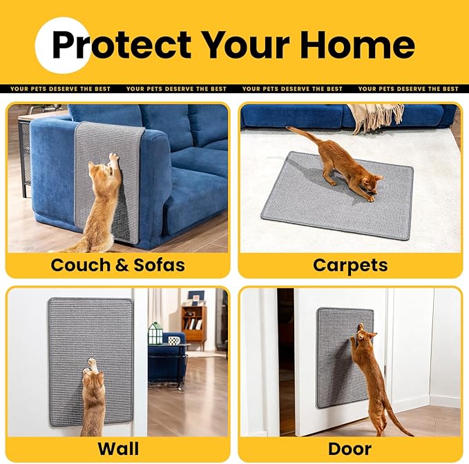 Cat Scratcher Mat,Natural Sisal Cat Scratch Pad with Hook&Loop Tape,Horizontal Floor Kitty Scratching Pads Rug for Indoor,Pet Furniture Protector for Couch&Carpets&Sofas, Large, Grey