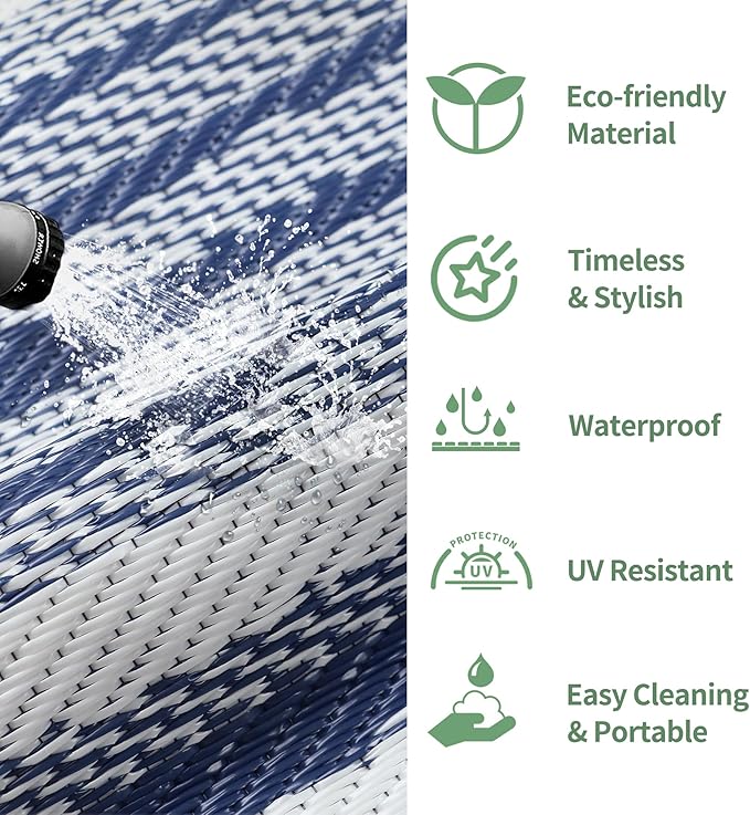 GENIMO Outdoor Rug for Patio Clearance, 6'x9' Waterproof Camping Mat, Reversible Plastic Straw Rugs for RV, Camper, Balcony, Backyard, Picnic, Deck (Blue White)