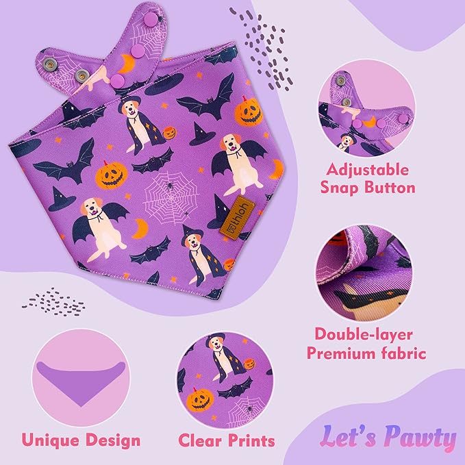 Halloween Dog Bandanas - 2 Pack Purple Dog Bandana with Snap Button | Reversible Pet Scarf for Boy & Girl | Premium Durable Fabric | Holiday Bandana for Small and Medium Dogs (Small)