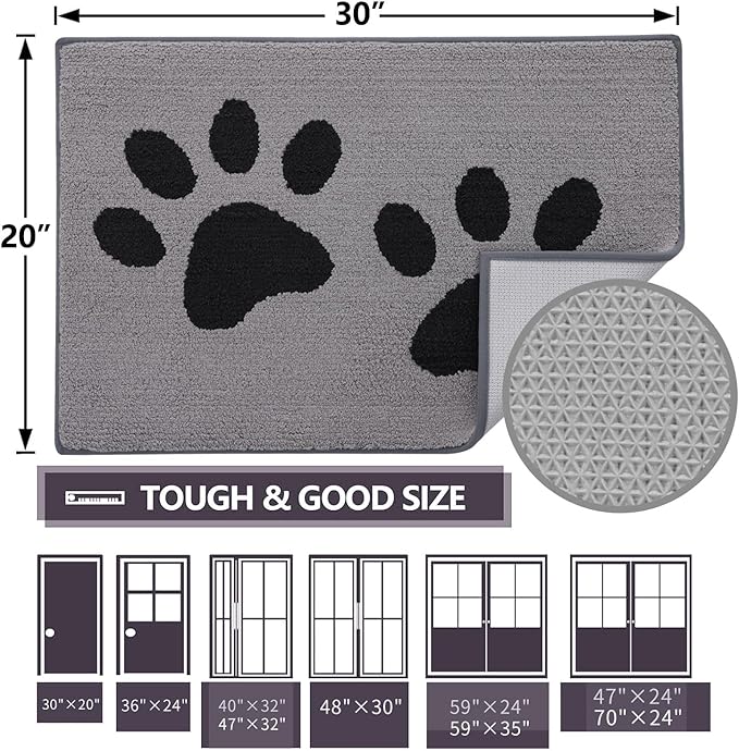 Buganda Dog Door Mat for Muddy Paws, Absorbent Dirt Trapper Washable Indoor Doormats, Non Slip Low-Profile Mud Mat for Dogs, Front Entrance Doormat for Inside Floor (47x32 Inches, Grey)