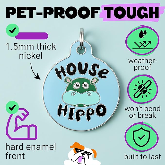 Bad Tags Personalized Dog and Cat ID Tags in 25+ Designs and 2 Sizes - 5 Lines of Custom Engraved Text - Funny Cute Personalized Pet Tags (House Hippo - Blue, Small (1 inch))