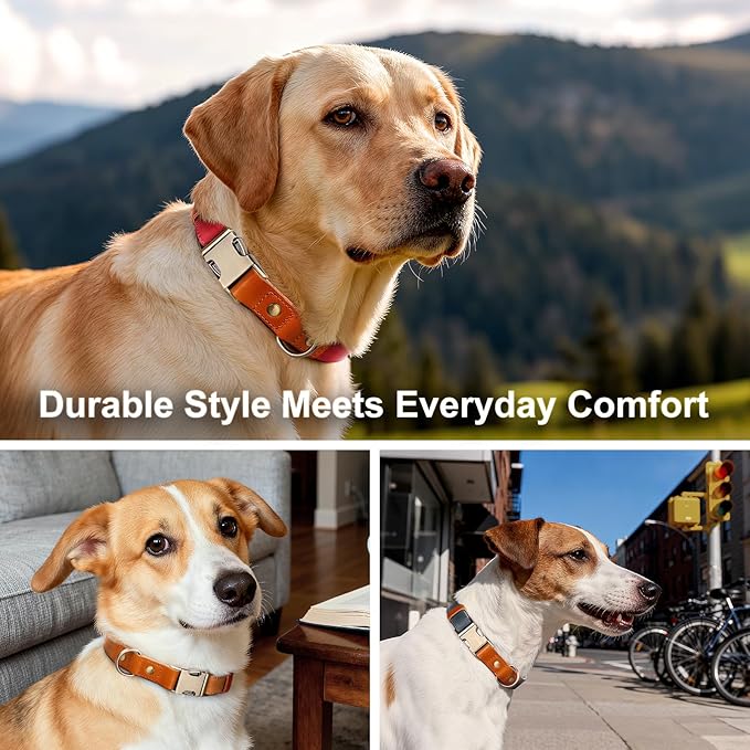Plutus Pet Genuine Leather & Hemp Dog Collar – Adjustable Heavy Duty Pet Collar with Quick Release Metal Buckle, Soft & Stylish for Puppy and Small, Medium, Large Dogs (Beige, M)