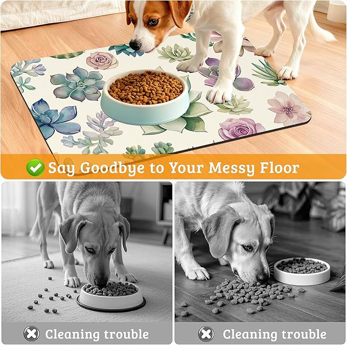 Dog Bowl Mat,Cactus Pet Feeding Mat for Floors Waterproof,Succulents Absorbent Dogs Placemat for Food and Water Quick Dry Pet Cat Feeding Mats with Non Slip Bottom 12" x 20"