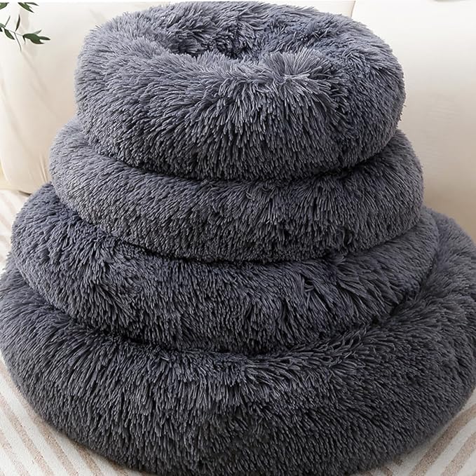 Calming Donut Cat Bed Dog Bed Round Plush Pet Cushion Fluffy Rabbit Cave Warm Dog Couch Non Slip Bottom for Pets Up to 10KG