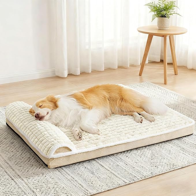 Orthopedic Jumbo Dog Bed Large Sized Dog with Pillow 56''X40'' Waterproof Soft Comfortable Egg Crate Foam Pet Crate Beds Mat with Removable Washable Cover and Non-Slip Bottom, Cream