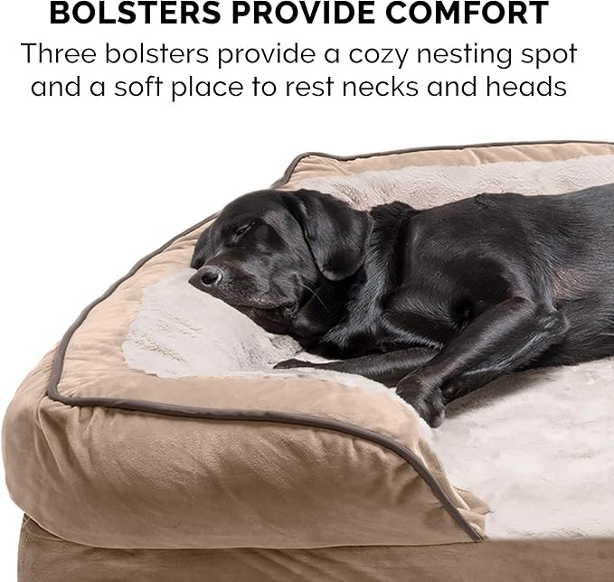 Furhaven Memory Foam Dog Bed for Medium/Small Dogs w/ Removable Bolsters & Washable Cover, For Dogs Up to 35 lbs - Plush & Velvet Waves Perfect Comfort Sofa - Brownstone, Medium