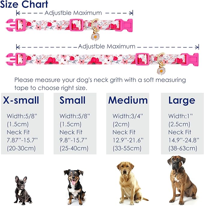 Cotton Dog Collar Light Pink Flower Pattern for Boys and Girls Cute Dog Collars Summer Fall Gift Adjustable for Small to Medium Breed Dogs (S)
