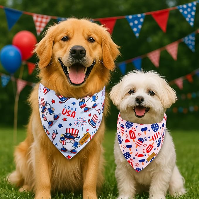 4th of July Dog Bandanas with Snap Button, 2 Pack American Flag Pet Scarf for Boy & Girl, Premium Durable Fabric, Adjustable Fit, Patriotic Bandana for Medium and Large Dogs (Large)