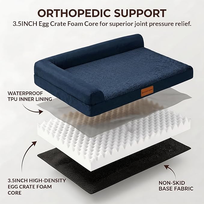 Patas Lague Orthopedic Jumbo Dog Bed for Extra Large Dogs 56''X40'', Waterproof L Bolster Pet Sofa Beds with Removable Washable Cover, Soft Comfortable Pet Couch Crate Mat with Nonskid Bottom, Navy
