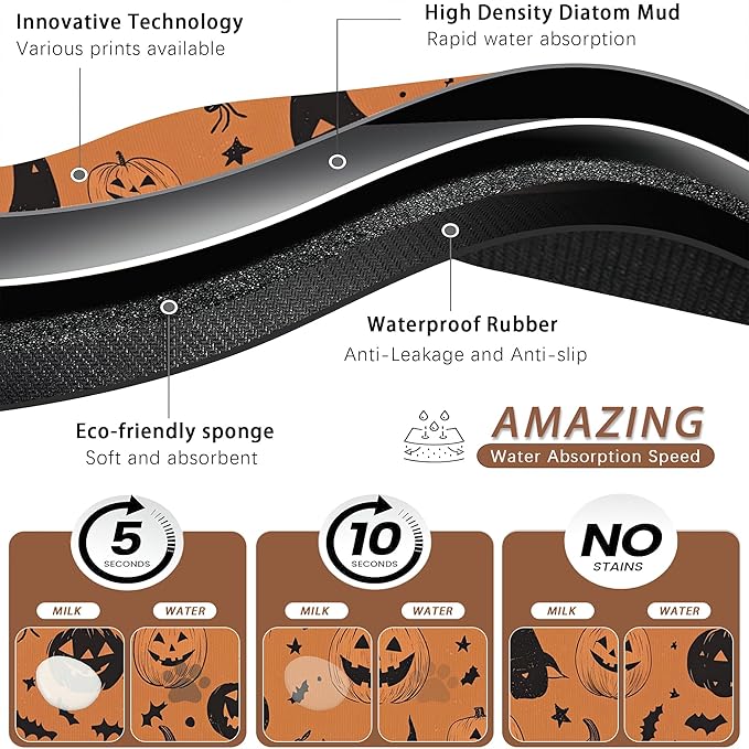 Halloween Dog Food Mat for Floors,Pumpkin Bat Absorbent Quick-Dry Pet Feeding Mat,Cat Dog Bowl Mats for Food and Water,Non-Slip Pet Accessories Supplies 12"x20"