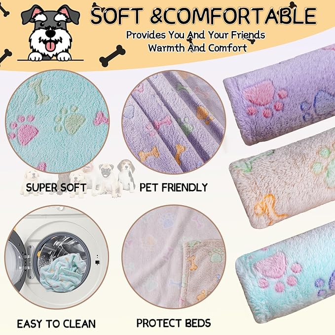 Rezutan Dog Blankets for 3 Pack Medium Blanket Cat Soft Fuzzy Blankets Washable,Soft Comfort Flannel,Pet Blanket,Reversible Dog Paw Print,30 x 20 inch,Purple/Green/Brown
