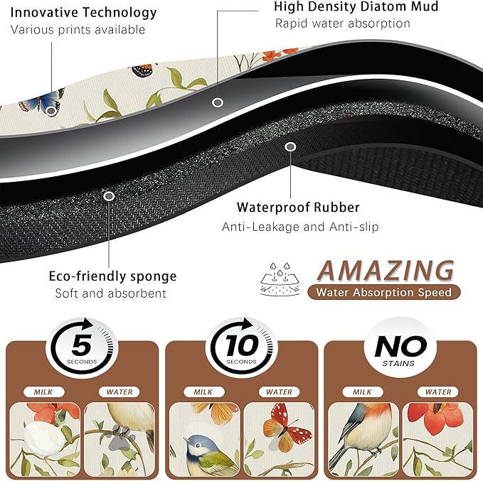 Butterfly Bird Dog Food Mat for Floors,Vintage Nature Absorbent Pet Food and Water Bowl Mats,Non-Slip Pet Feeding Mat,Pet Supplies 16" x 24"
