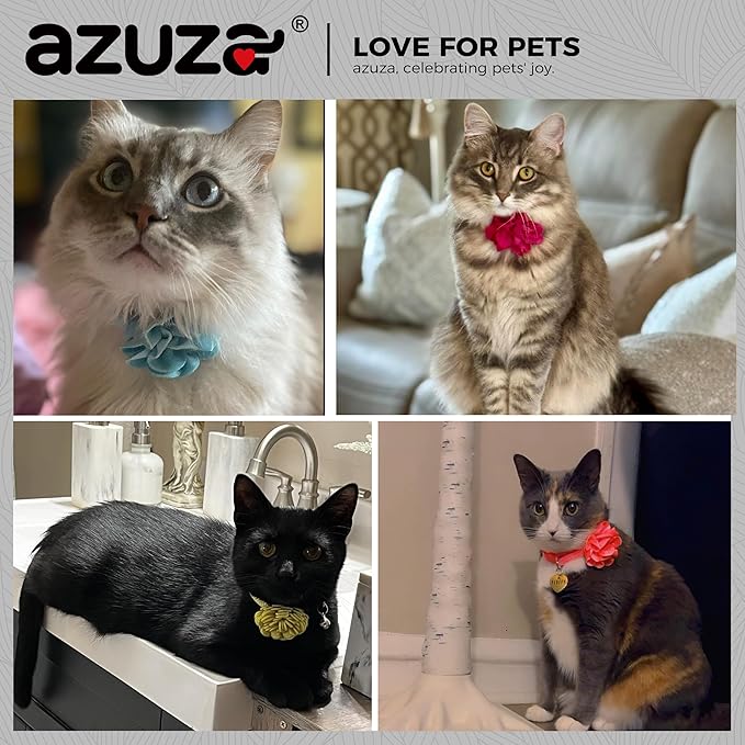 azuza 2 Pack Cat Collar Floral with Bell and Removable Flower Bowtie Breakaway Adjustable Velvet Fabric Cat Collar for Pets and Daily Decoration, Light Pink & Dark Pink