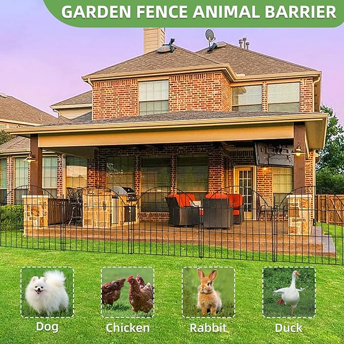 Decorative Metal Garden Fence with Gate Lock 10 Panels, 24in (H) x 20ft (L) No Dig Dog Fence Outdoor for Yard, Temporary Rustproof Metal Wire Rabbit Dog Garden Border Fencing for Patio
