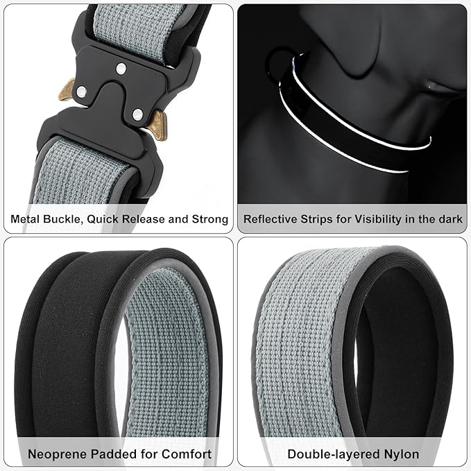 Plutus Pet Tactical Dog Collar, Reflective, Adjustable Heavy Duty Dog Collar, Soft Padded and Comfortable, for Small Medium and Large Dogs (Gray, L)