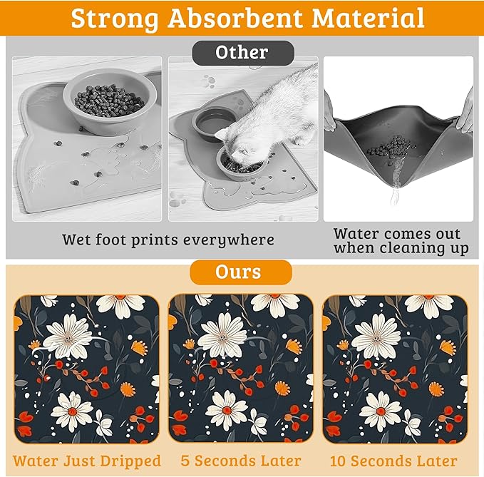 Floral Black Feeding Mat, Absorbent Quick-Dry Cat Dog Food and Water Bowl Mats,Non-Slip Rubber Backing Mat,Cat Dog Accessories Supplies 12" x 20"