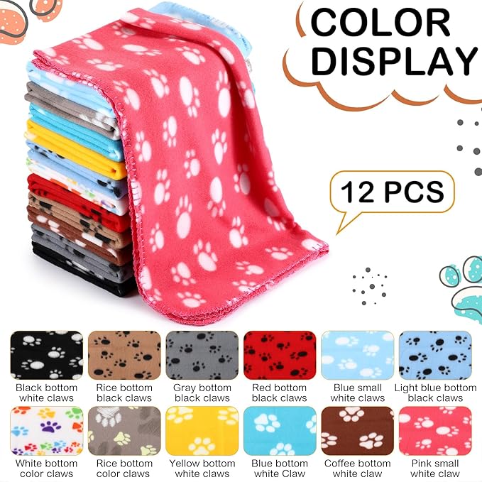 Tegeme 12 Pieces Fleece Blankets for Pets Dog Puppy Paw Print Cat Bedding Cover Blanket for Small Animals Pig Cage Liner Sleep Mat Pad Kitten Soft Warm(Cute Style,12 x 12 Inches)