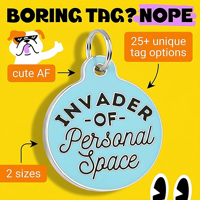 Bad Tags Personalized Dog and Cat ID Tags in 25+ Designs and 2 Sizes - 5 Lines of Custom Engraved Text - Funny Cute Personalized Pet Tags (Invader of Personal Space - Blue, Small (1 inch))