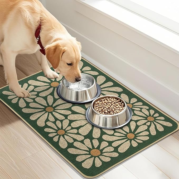SHIYUE Dog Food Mats for Floors, Absorbent Cat Bowl for Food and Water, Non-Slip Accessories Pet Supplies(17"x30",Forest Green Flower)
