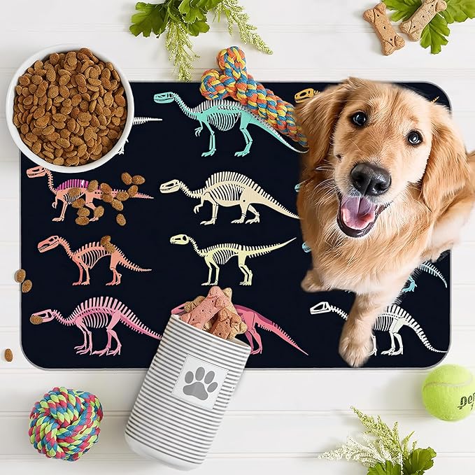 Dinosaur Skeleton Dog Cat Food Mat,Vintage Color Absorbent Pet Feeding Mat with Rubber Backing,Non-Slip Water Bowl Placemat,Indoor Pet Accessories Supplies 16"x24"