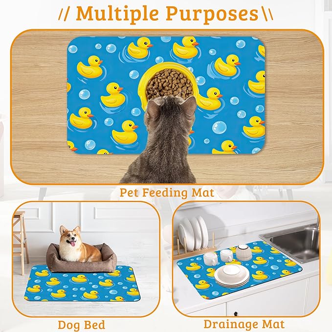 Yellow Rubber Ducks Dog Food Mat,Soap Bubbles Absorbent Pet Feeding Mat for Food and Water Bowl,Quick Dry Dog Placemat Non Slip Rubber Backing Waterproof Pet Supplies 16" x 24"