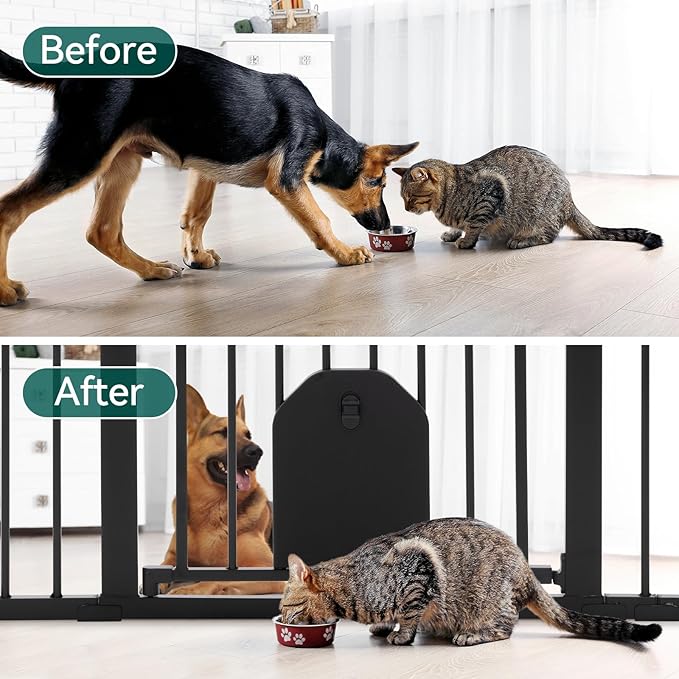 Babelio 36" Tall Auto Close Baby Gate with Small Cat Door, 29-43" Metal Cat Gate for Doorway, Stairs, House. Easy Walk Thru Dog Gate with pet Door, Includes 4 Wall Cups and 3 Extension Pieces, Black