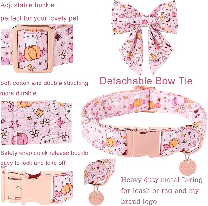 Halloween Dog Collar with Flower, Pink Halloween Puppy Flower Collar with Adjustable Metal Buckle,Fancy Halloween Dog Collar Bowtie Gift for Girl Boy Dog,M